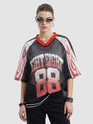 Flame Printed Net Hole Jersey Loose-fit Breathable T-shirts