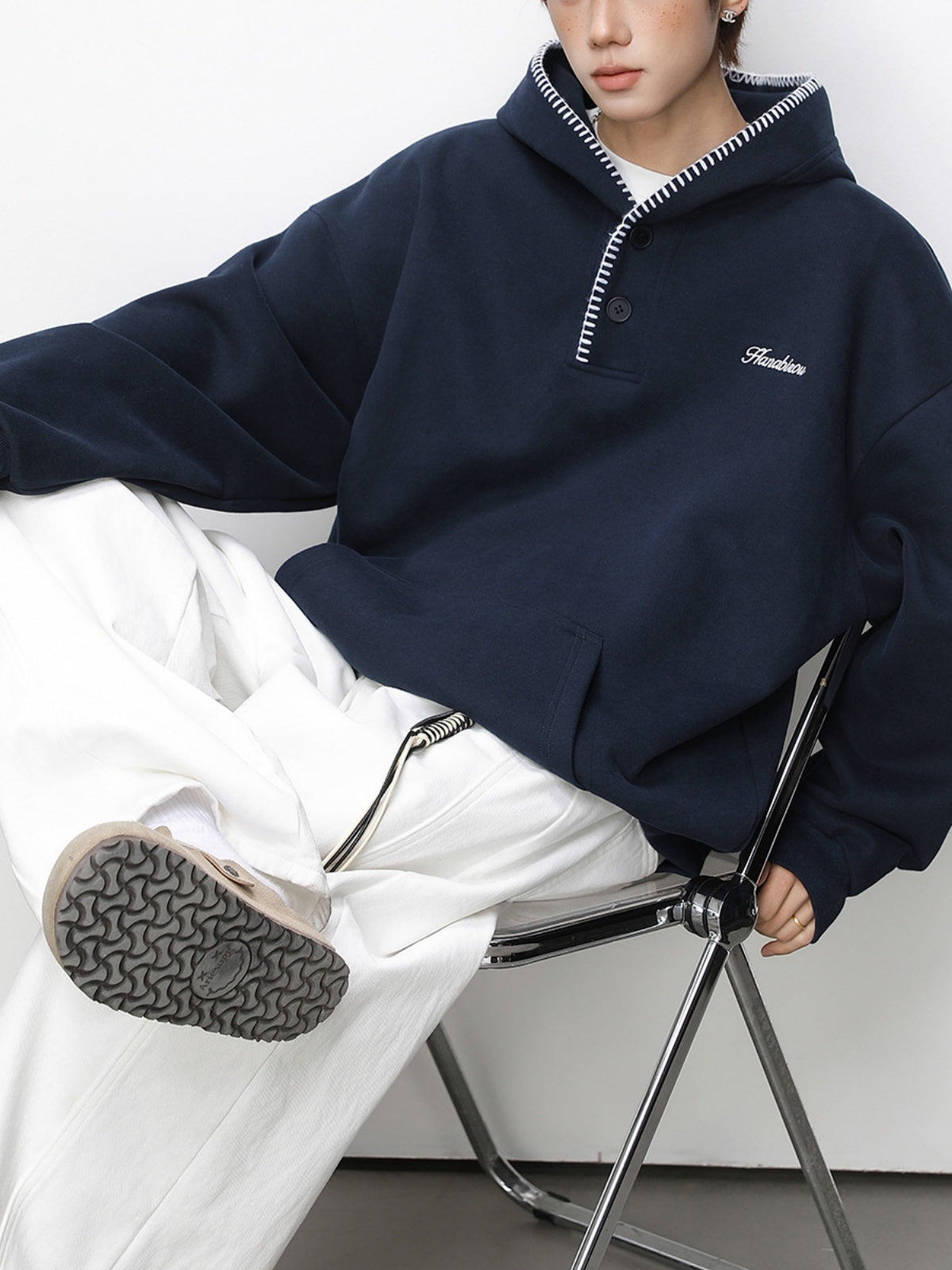 Color-blocked Half-open Collar Hoodie