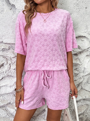 Sunflower Jacquard Short-sleeved T-shirt Strappy Shorts 2-piece Sets