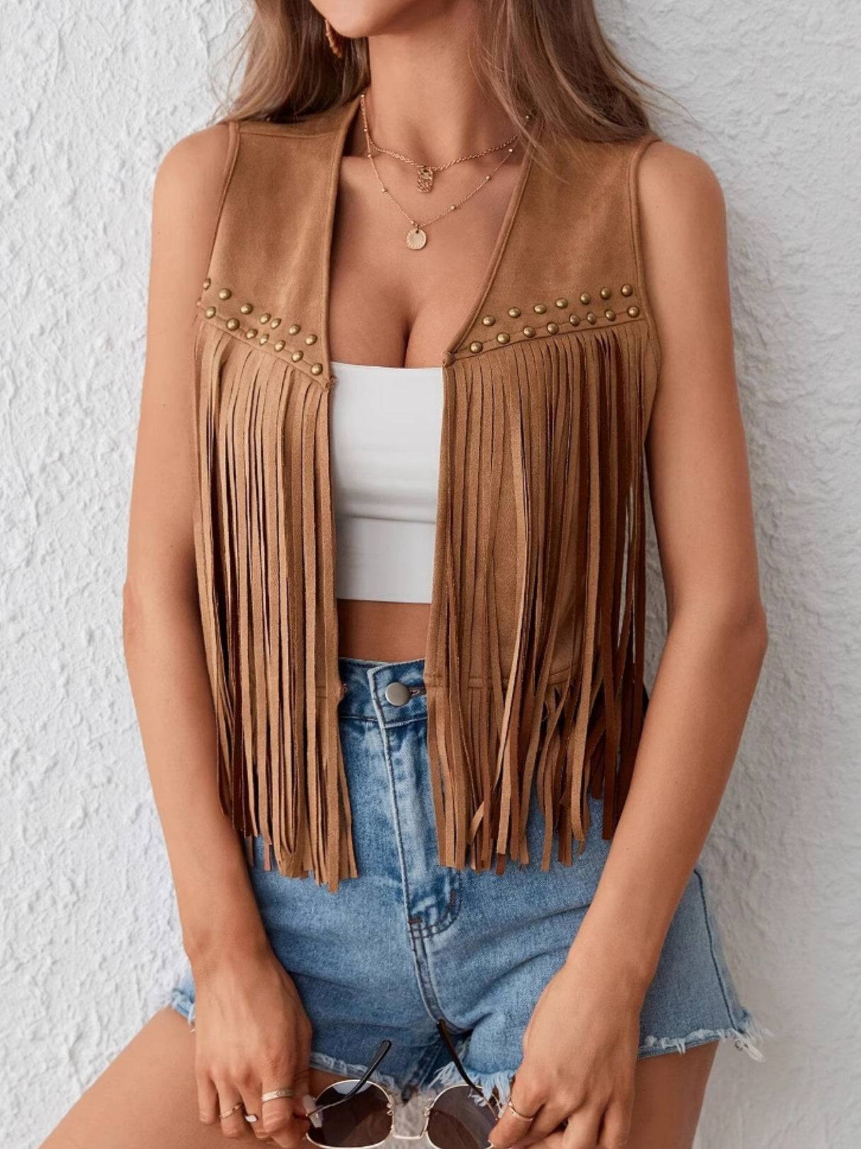 Imitation Suede Tassel Studs Sleeveless Vests