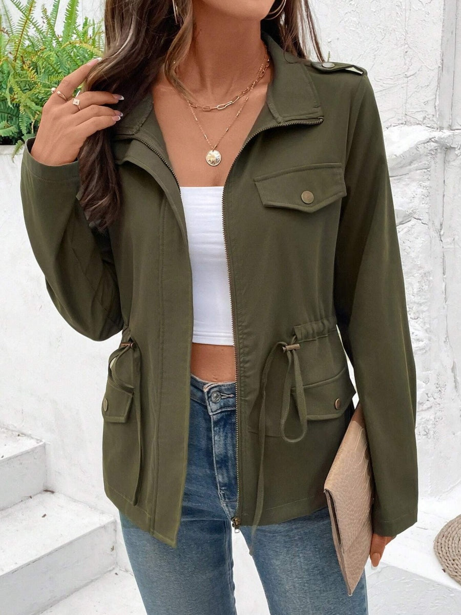 Solid Color Buttons Drawstring Jacket