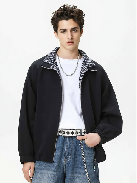 Layered-look Double Collar Color-blocked Jackets