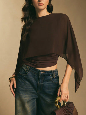 Cape-sleeve T-shirt, Round Neck, Loose Chiffon Cover-up, Elegant Irregular Top/T-shirt