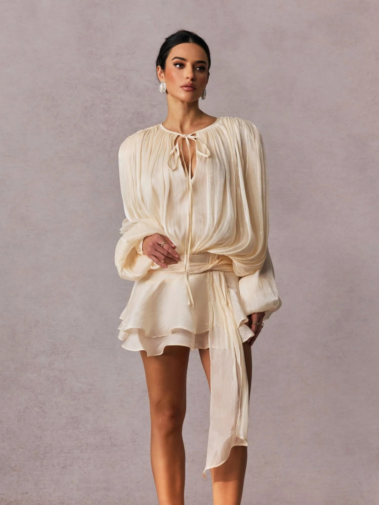 V-neck Straps Crimp Ribbon Wood Ear Solid Color Mini&Short Dresses