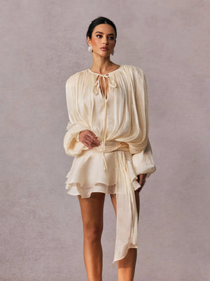 V-neck Straps Crimp Ribbon Wood Ear Solid Color Mini&Short Dresses