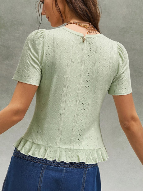 Jacquard Hollow Out Ruffle Crew Neck Short Sleeve T-shirts