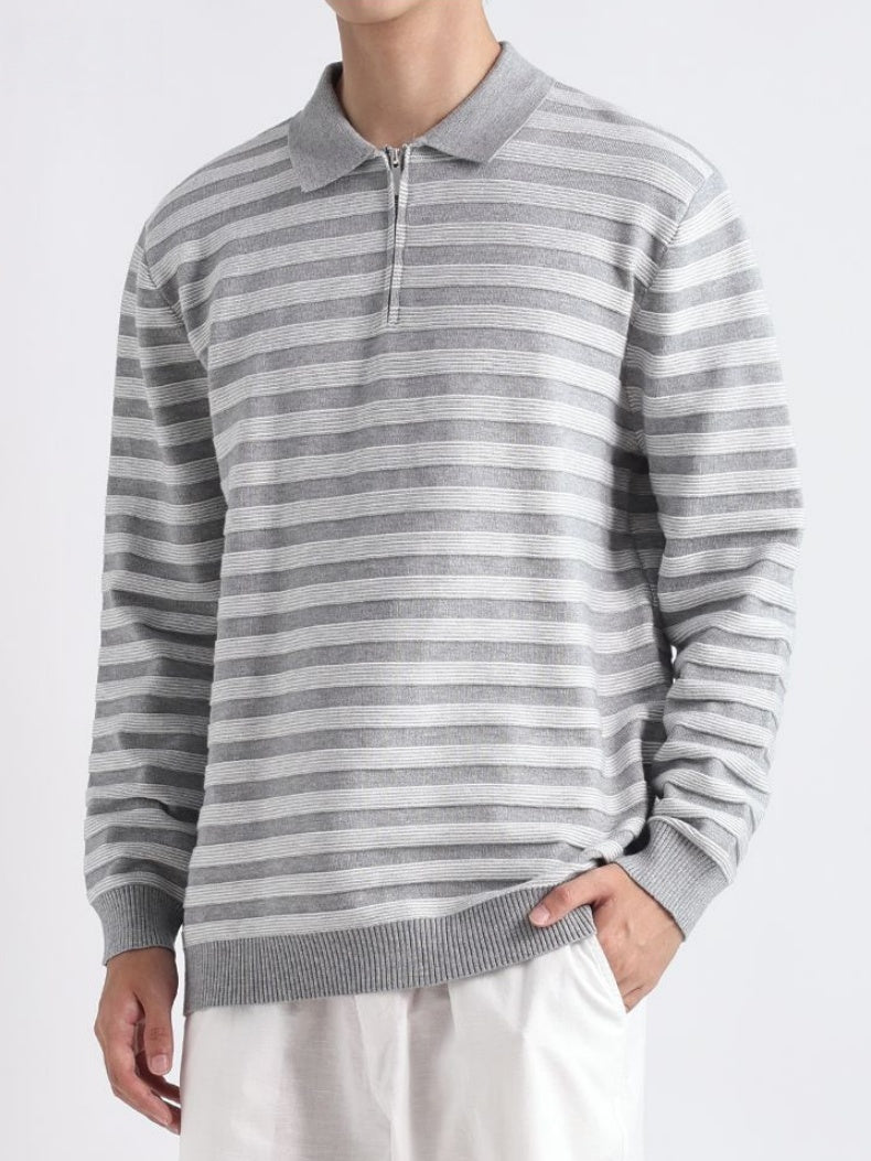 Old-Money Polo-Collar Striped Notch-Collar Knit Top,Gifts for Men