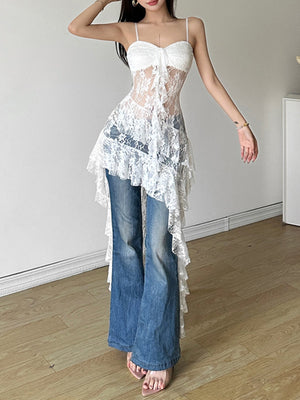 Lace See-through Ruffle Irregular Hem Camisoles Mini&Short Dresses