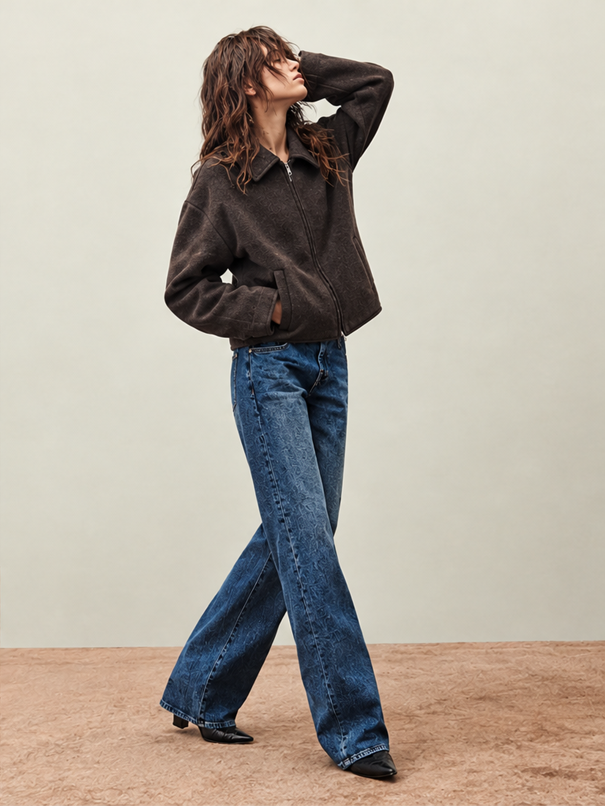 Vintage Distressed Brown Zip-up Long-sleeved Short Jacket