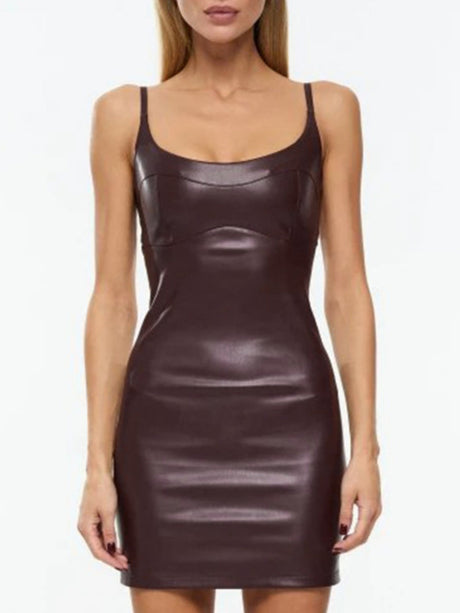 PU Leather Strapless Bra Pleated Hip Wrap Mini&Short Dresses