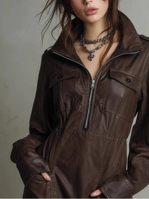 Blended Zipper Polo Collar Mini&Short Dresses