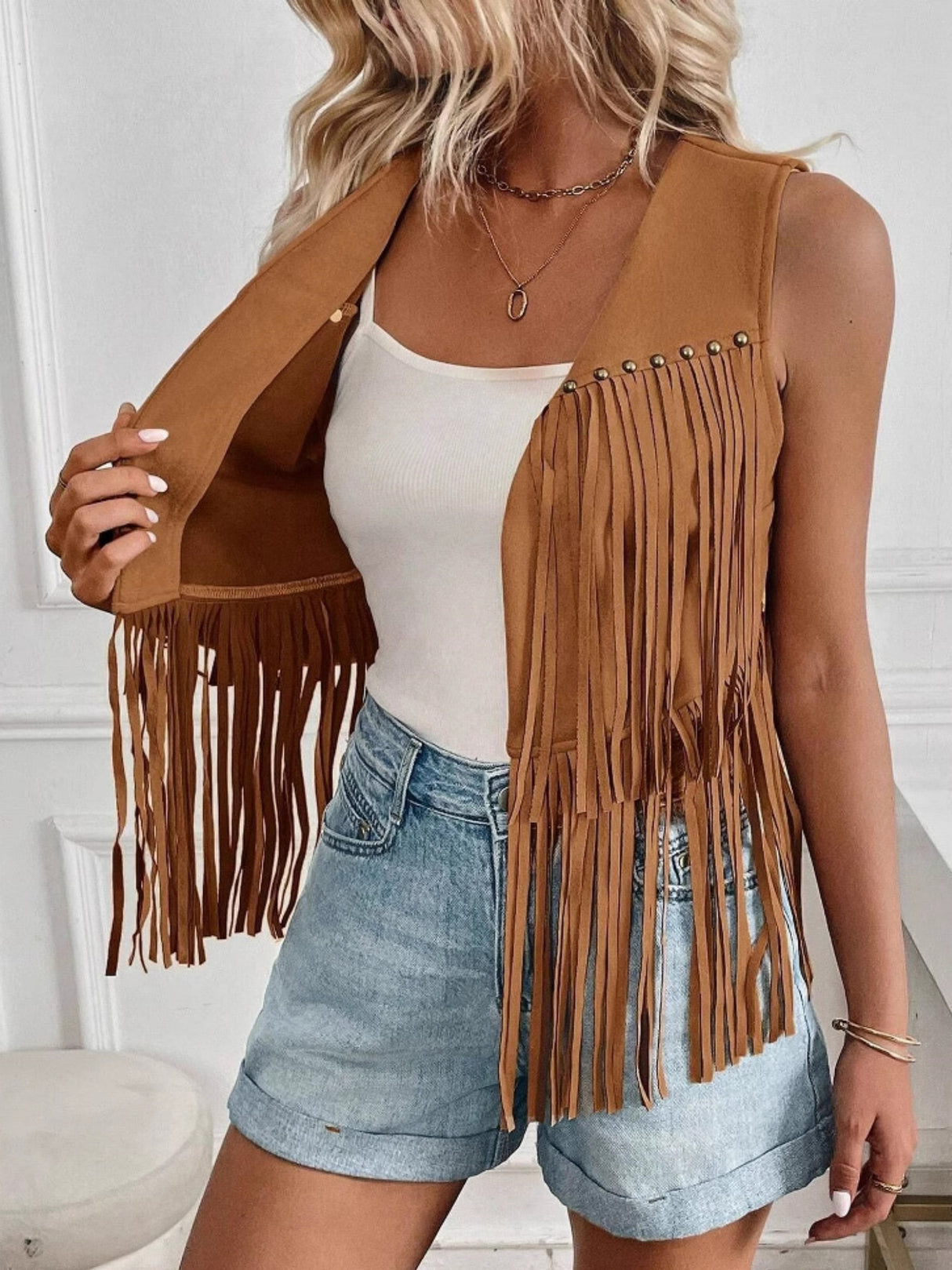 Imitation Suede Tassel Studs Sleeveless Vests