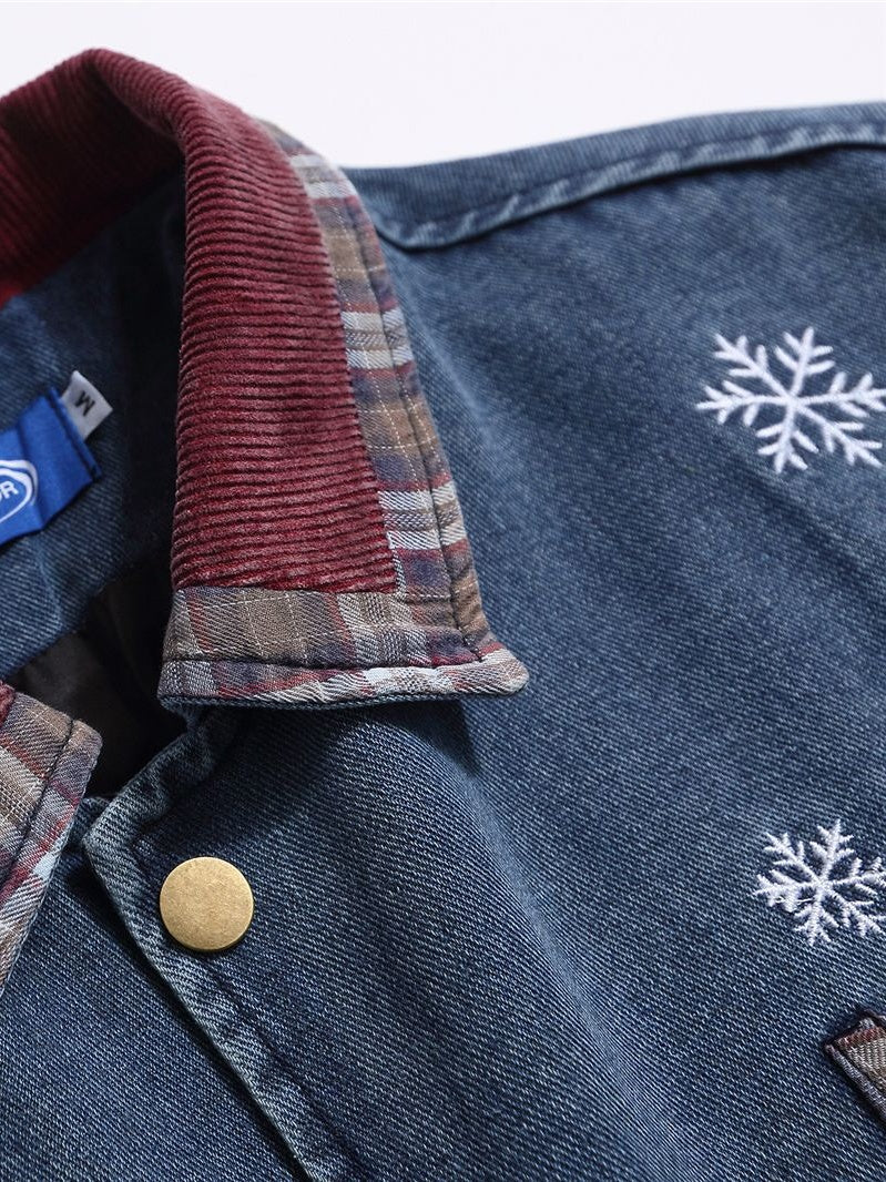 Christmas Pattern Embroidery Washing Splicing Denim Jacket