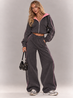 Double-sided Color-blocked Hooded Zip-up Cardigan And Trousers Two-piece Set