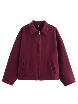 Lapel Zipper Solid Color Simple Oversized Woolen Jacket
