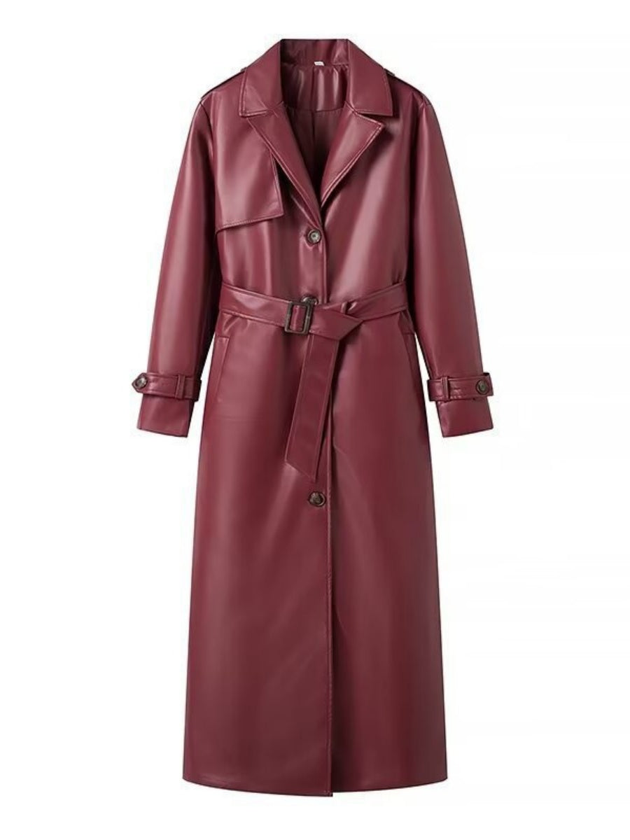 PU Leather Suit Collar Long Windbreaker