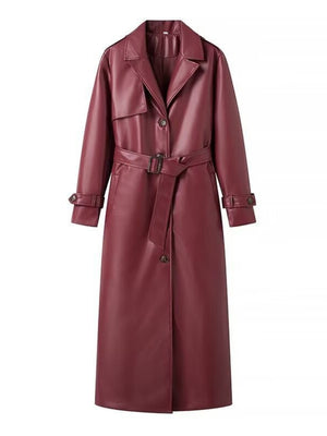 PU Leather Suit Collar Long Windbreaker