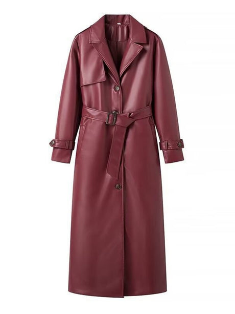 PU Leather Suit Collar Long Windbreaker