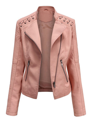 Short Slim Fit Thin Three-dimensional Decoration Leather Jacket