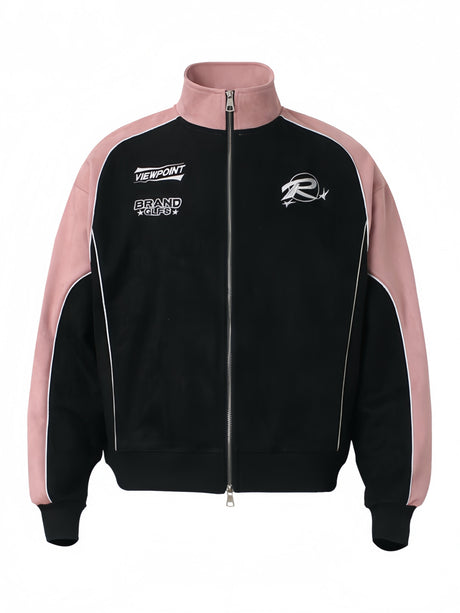 Embroidery Contrasting Colors Splicing Zipper Suede Jacket