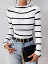 Stand Collar, Long Sleeve, Black And White Striped Brushed Ribbed Knit T-shirt/sweater