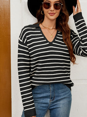 Liber Autumn Women's V-neck Contrasting colors Stripes Jacket Woolen