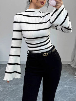Short-sleeved, Stand-up Collar, Bell Sleeves, Irregular Black And White Striped Ribbed Knit T-shirt/sweater