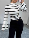 Short-sleeved, Stand-up Collar, Bell Sleeves, Irregular Black And White Striped Ribbed Knit T-shirt/sweater