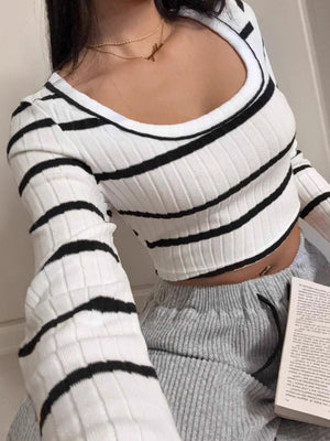 Square Neckline, Long Sleeves, Black And White Striped, Brushed, Short-sleeved Ribbed Knit T-shirt/sweater