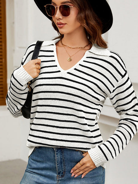 Liber Autumn Women's V-neck Contrasting colors Stripes Jacket Woolen
