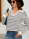 Liber Autumn Women's V-neck Contrasting colors Stripes Jacket Woolen