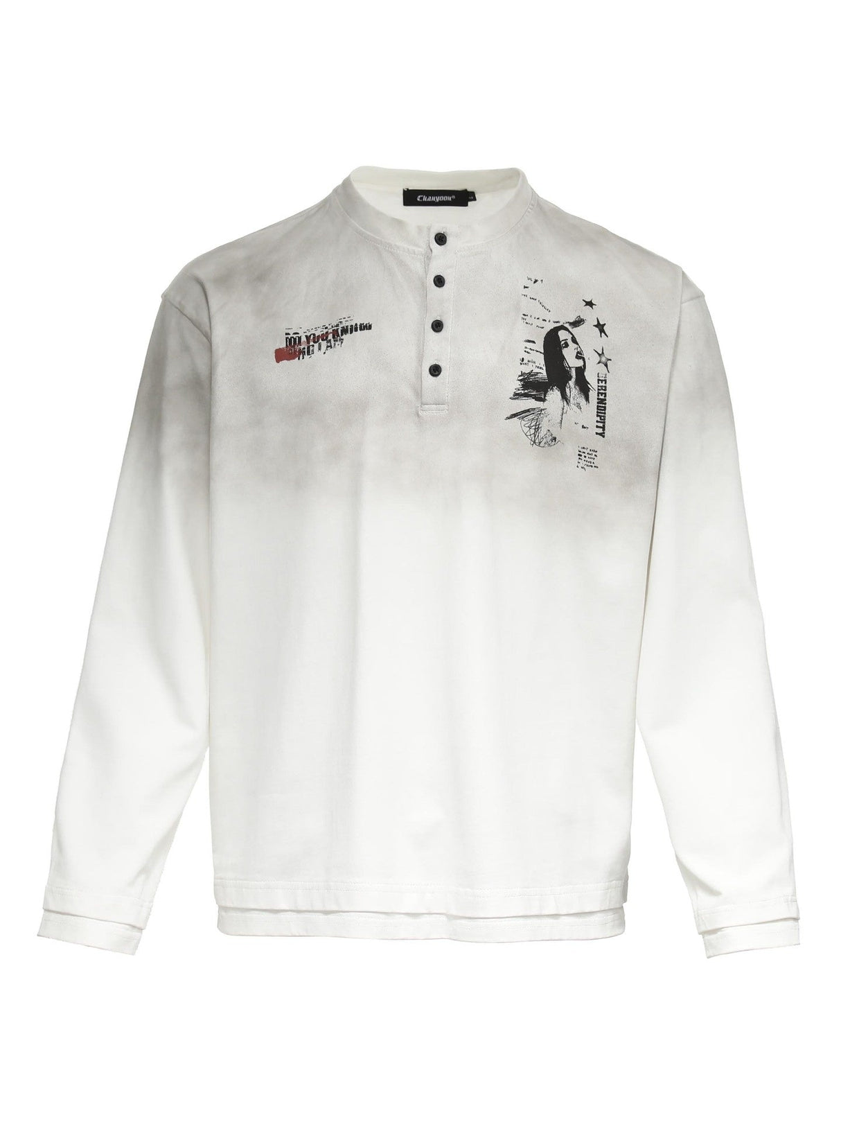 Retro European And American Portrait Prints Distressed Henry Collar Fake Two Pieces Long-sleeved T-shirt