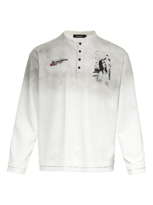 Retro European And American Portrait Prints Distressed Henry Collar Fake Two Pieces Long-sleeved T-shirt