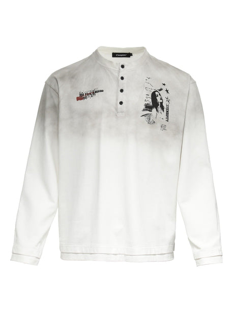 Retro European And American Portrait Prints Distressed Henry Collar Fake Two Pieces Long-sleeved T-shirt