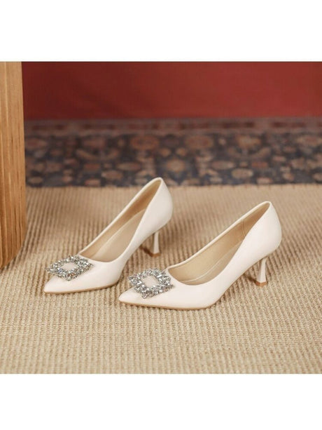 Liber Spring and Autumn Rhinestone Square Buckle Women's High Heels