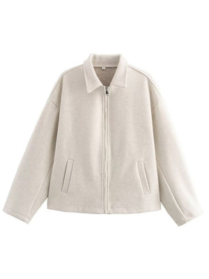 Lapel Zipper Solid Color Simple Oversized Woolen Jacket