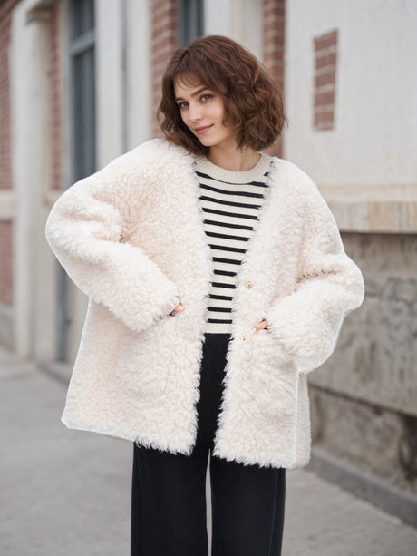 Liber Autumn women's white short fur pocket button Patchwork cotton jacket