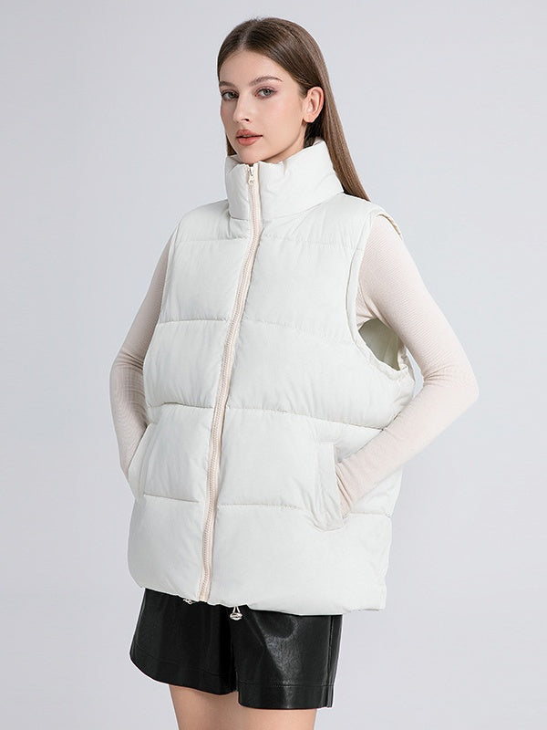 Stand Collar Sleeveless Zipper Pocket Warm Loose Mid-length Down Cotton Vest Jacket