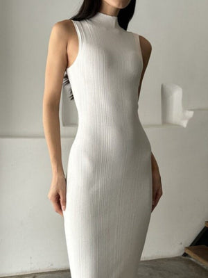 High Neck Sleeveless Bodycon Knitted Midi Dress Elegant French Dress