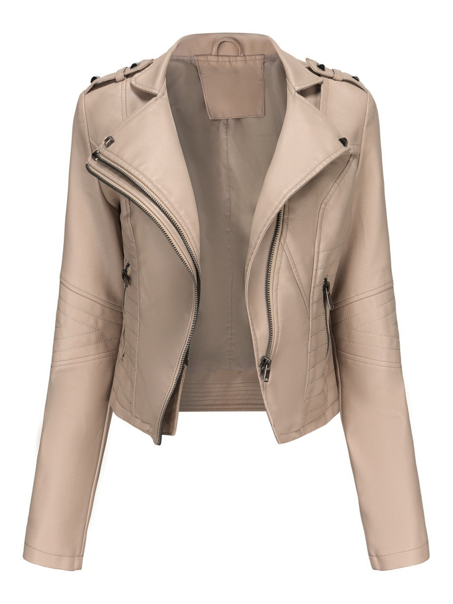 Studs Short Stand Collar Zipper Leather Jacket