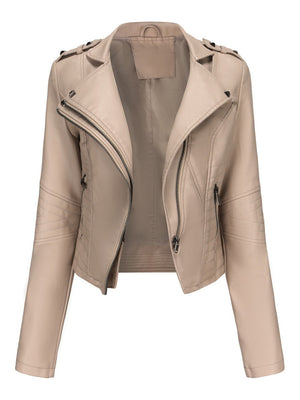 Studs Short Stand Collar Zipper Leather Jacket