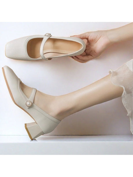 Liber Spring and Autumn Pearl Women's High Heel Mary Jane Shoes