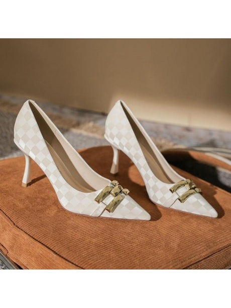 Liber Spring and Autumn Plaid Metal Buckle Women's High Heels