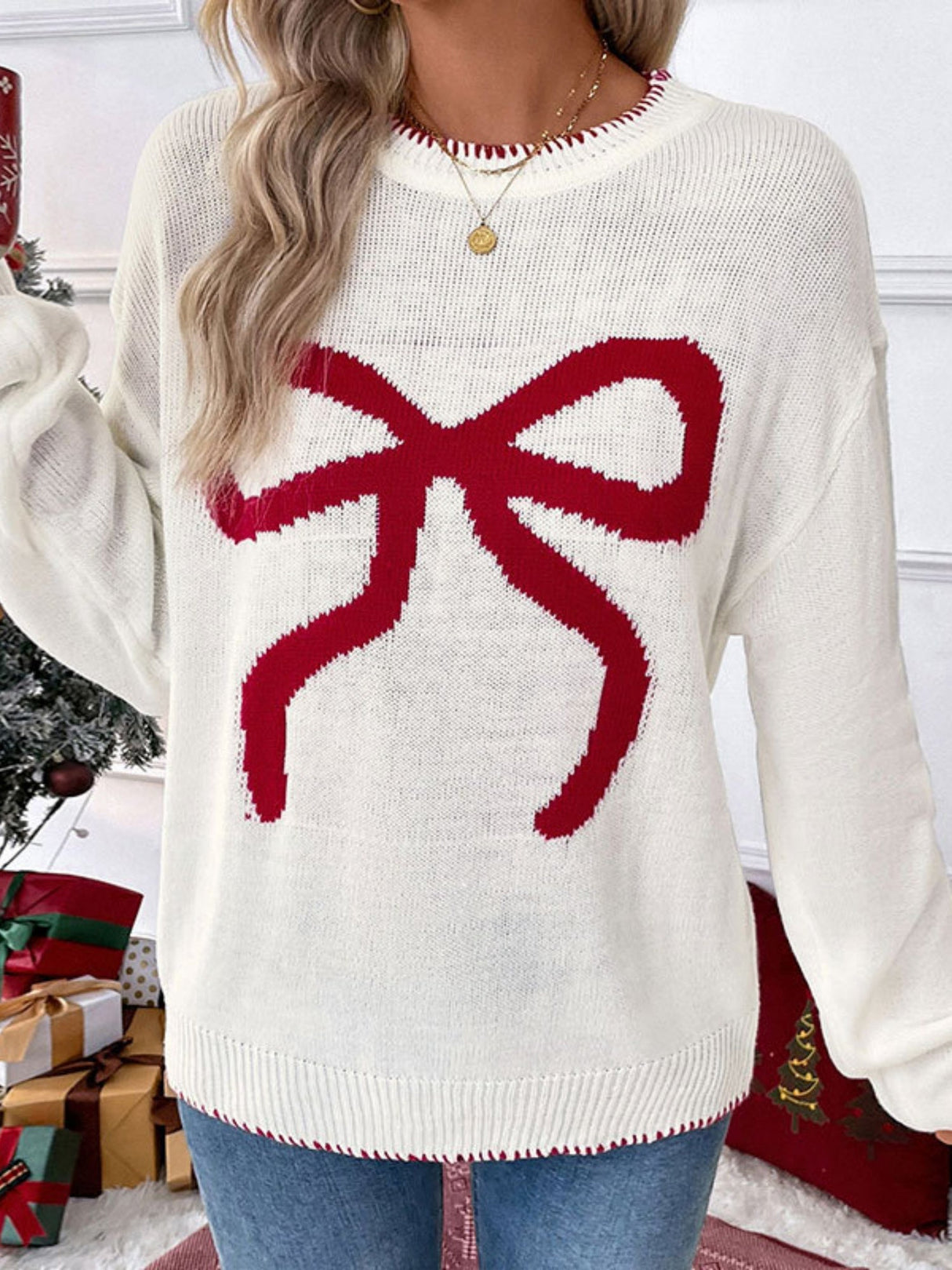 Sweet And Versatile Christmas Bow Jacquard Loose Long-sleeved Round Neck Sweater