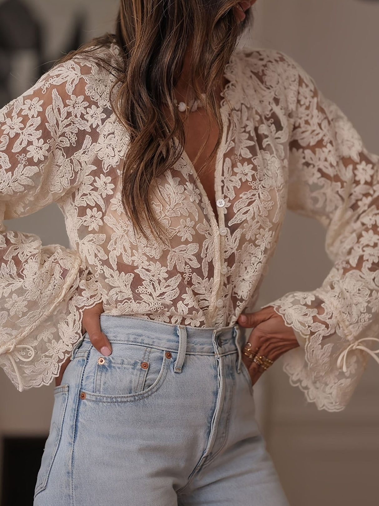 Off White Hollow Lace Shirts