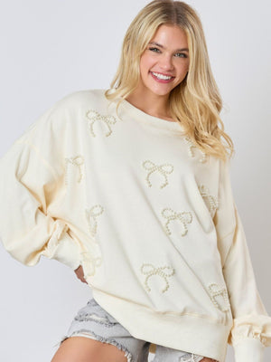 Christmas Pearl Bow Long Sleeve Top Casual Sweatshirt