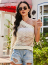 Liber Autumn women's hollow oblique shoulder knitted short pullover mesh see-through top