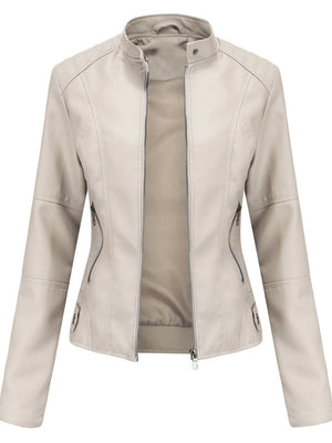 Street Cool Thin Stand Collar Zipper Leather Jacket