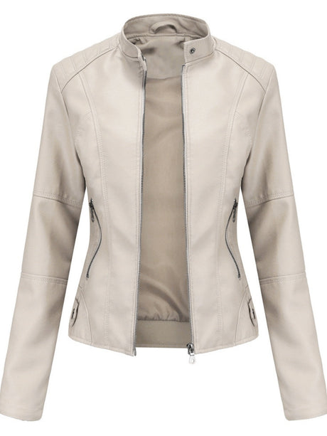 Street Cool Thin Stand Collar Zipper Leather Jacket