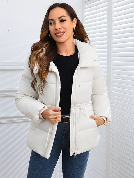 Stand Collar Waist Tie Down Padded Jacket Warm Coat